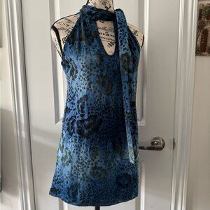 Vintage Y2K Euro Summer Blue Floral Velvet Mini Dress with Attached Neck Tie
